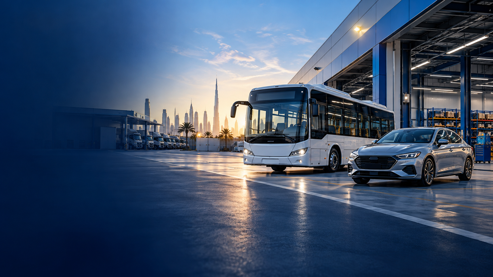 City bus and passenger car in a UAE automotive service yard
