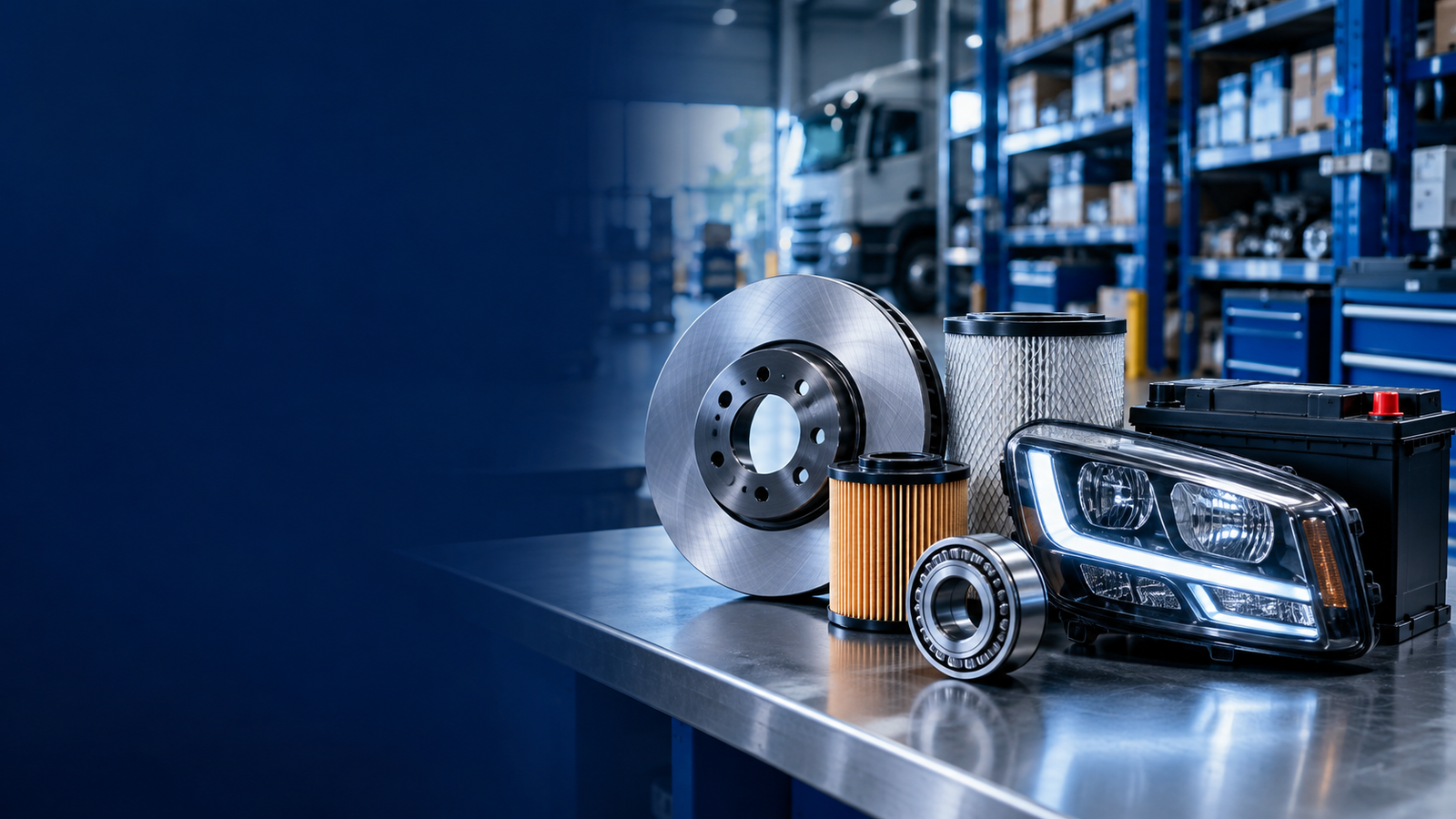 Automotive spare parts arranged on a professional workbench